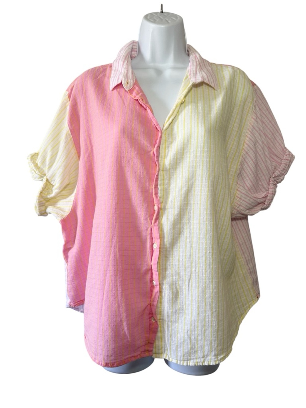 Xírena Women’s Pink Yellow White Multi Stripe Short Sleeve Button Up Top- Large